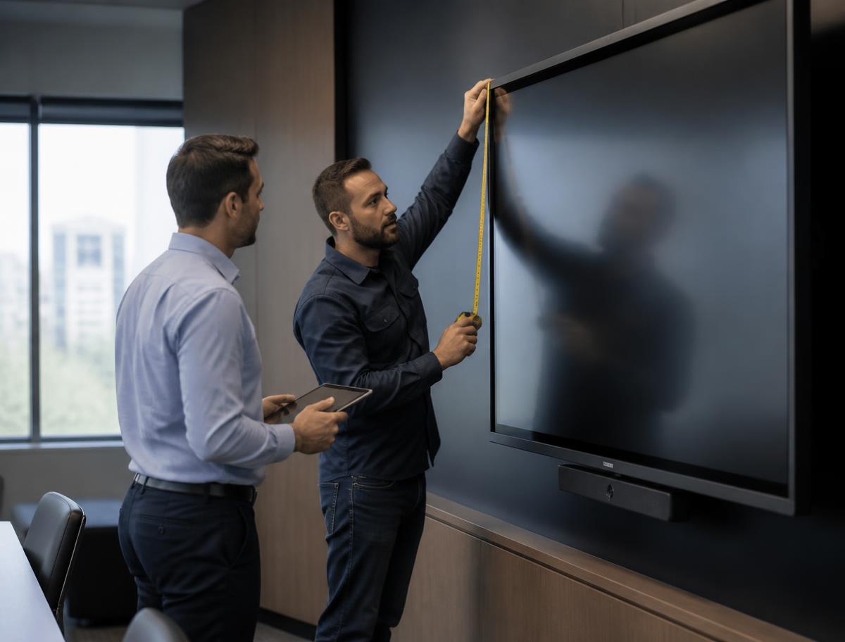 Especialistas realizando el levantamiento técnico de una sala de juntas